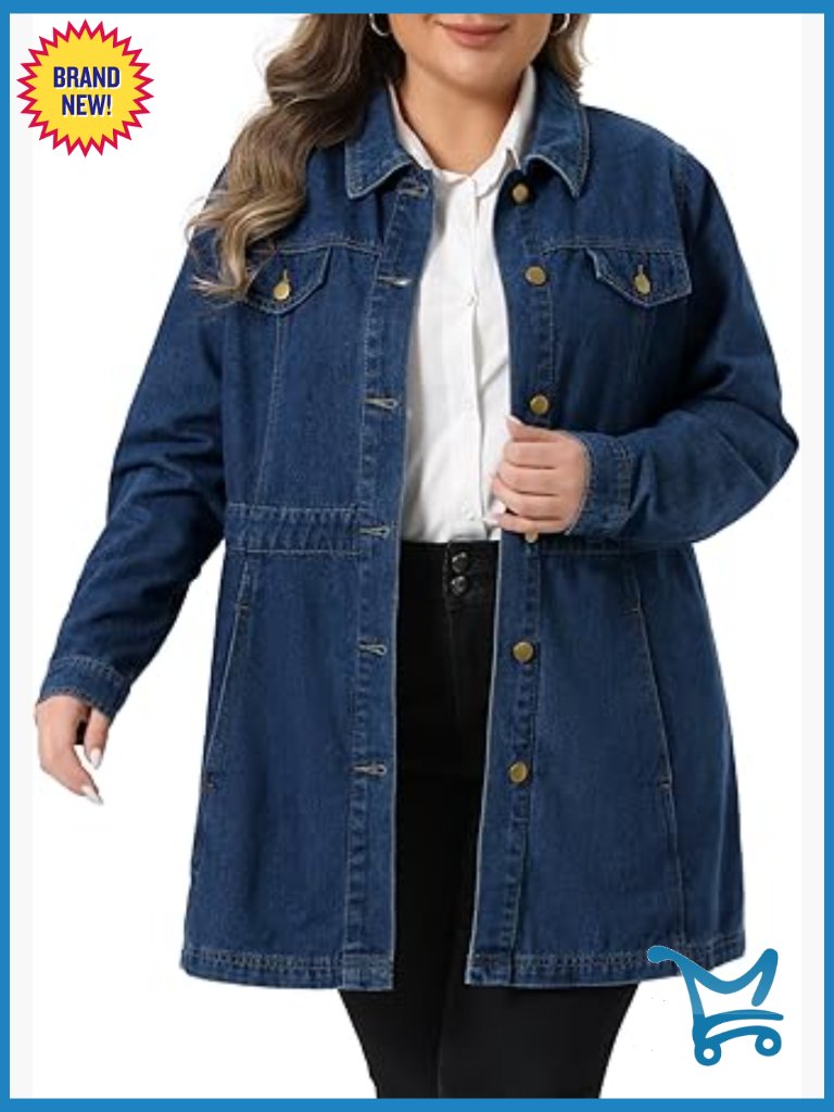 Plus Size Denim Jacket Button Front Long Sleeve Classic Jean Jacket